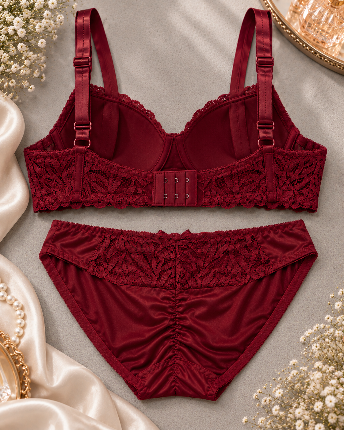 Wine Red Lace Bra and Panty Set