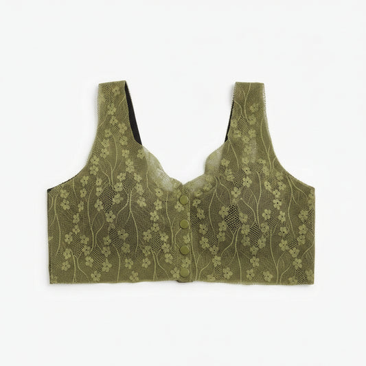 Women's Front Button Floral Lace Wire-Free Bra | Velvi Wear