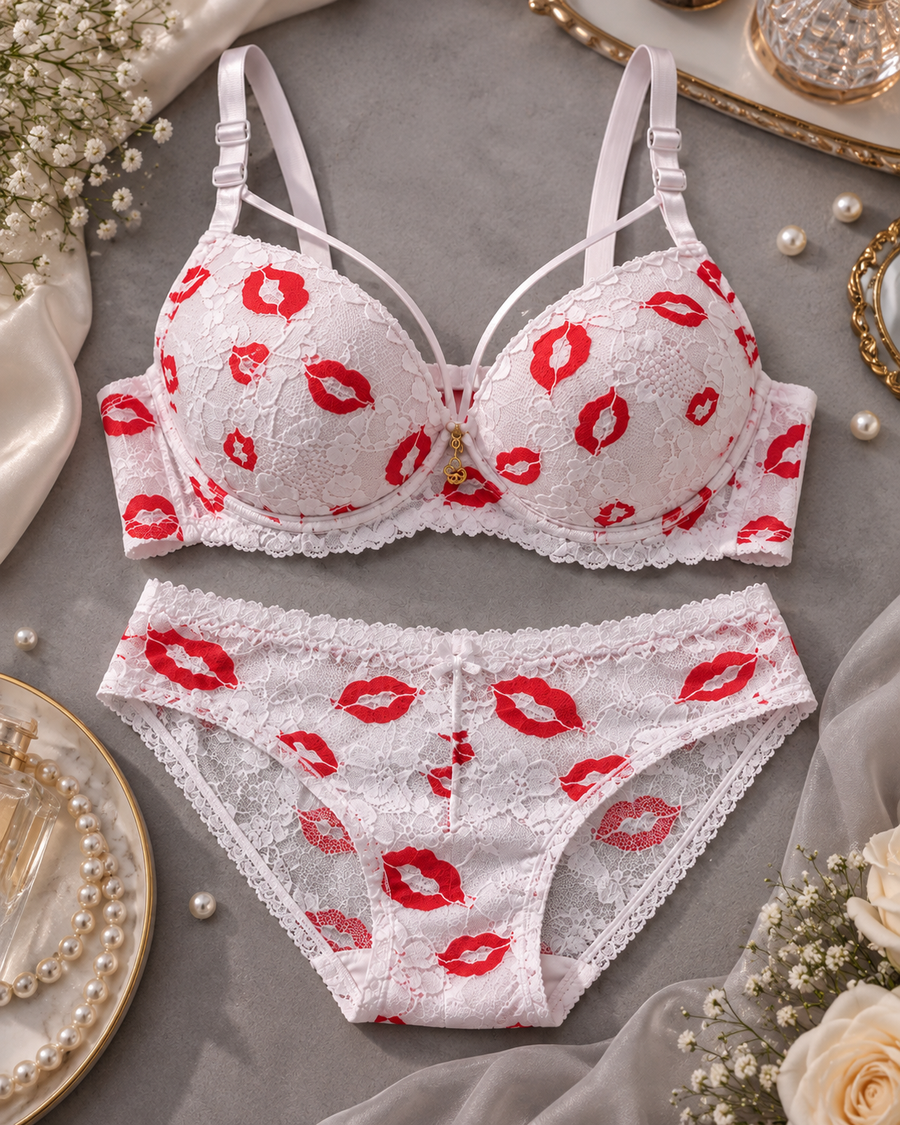 Ivory Cream Lips Print Padded Bra