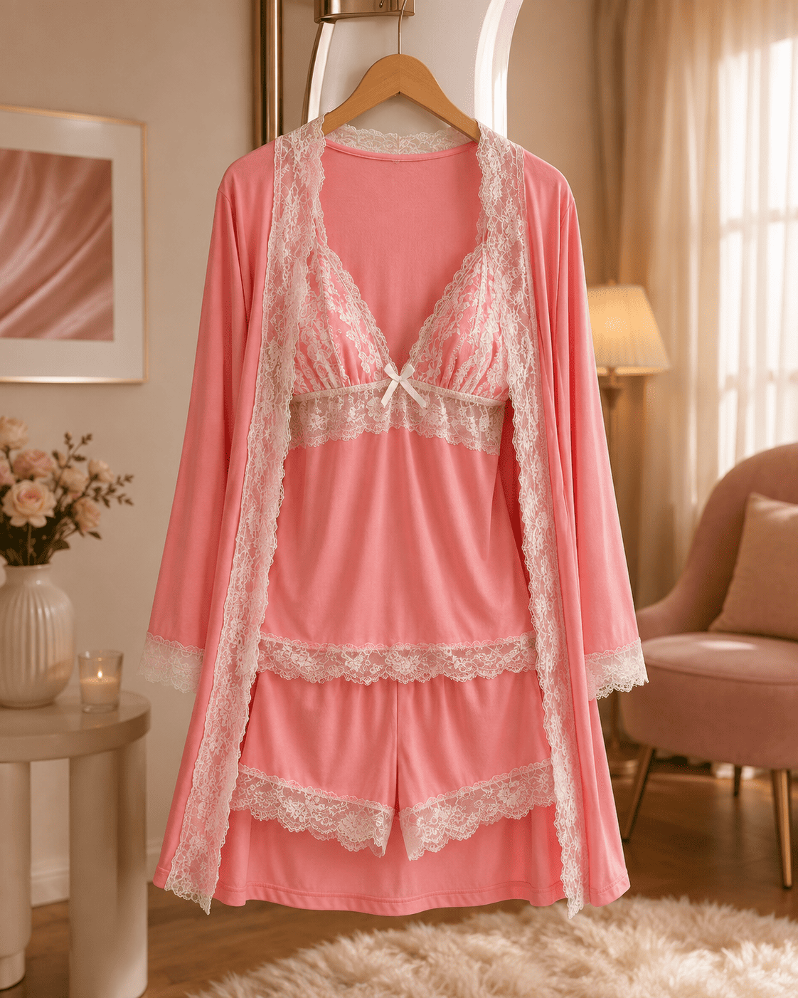 3-Piece Satin Lace Nightwear Set